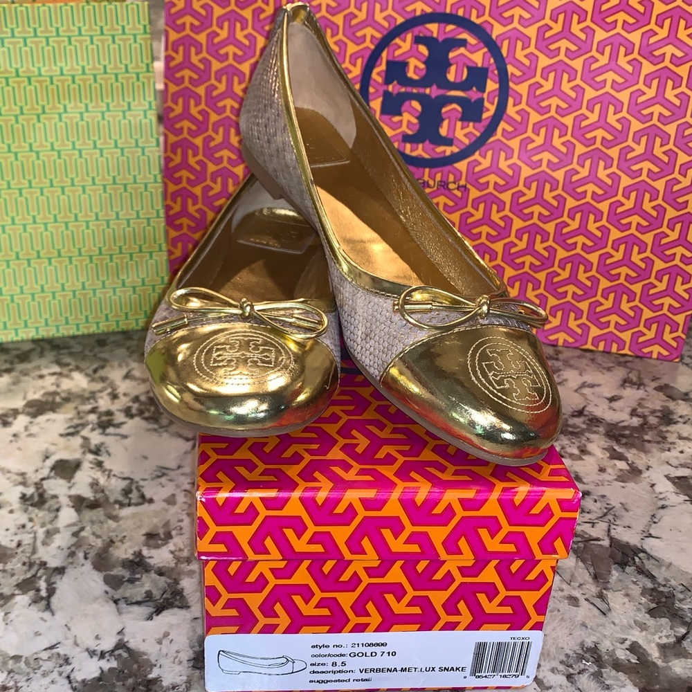 Tory Burch Classic Reva Ballet Flat, gold sz 8.